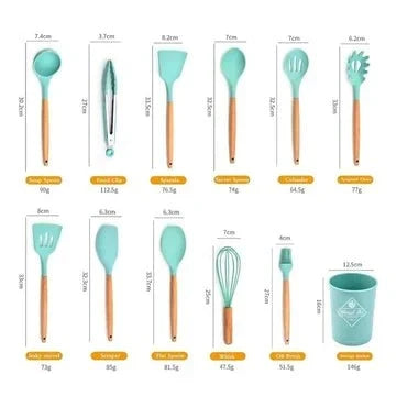 12-Piece Silicone Cooking Utensil Set with Wooden Handles | Heat Resistant Non-Stick Kitchen Tools
