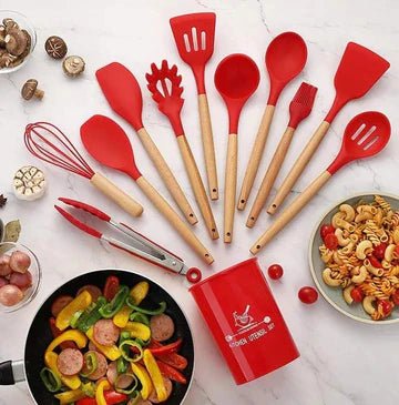 Acacia wood handle silicone utensil set for cooking