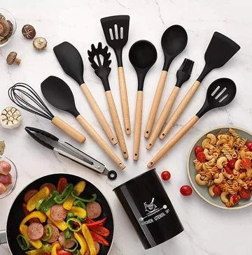 12-piece silicone cooking utensil set with wooden handles