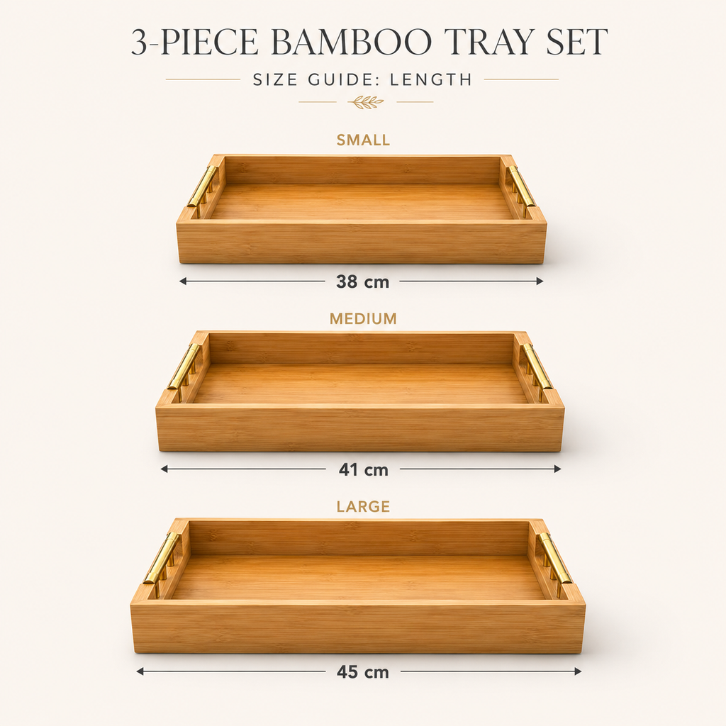 3-Piece Bamboo Serving Tray Set with Gold Handles