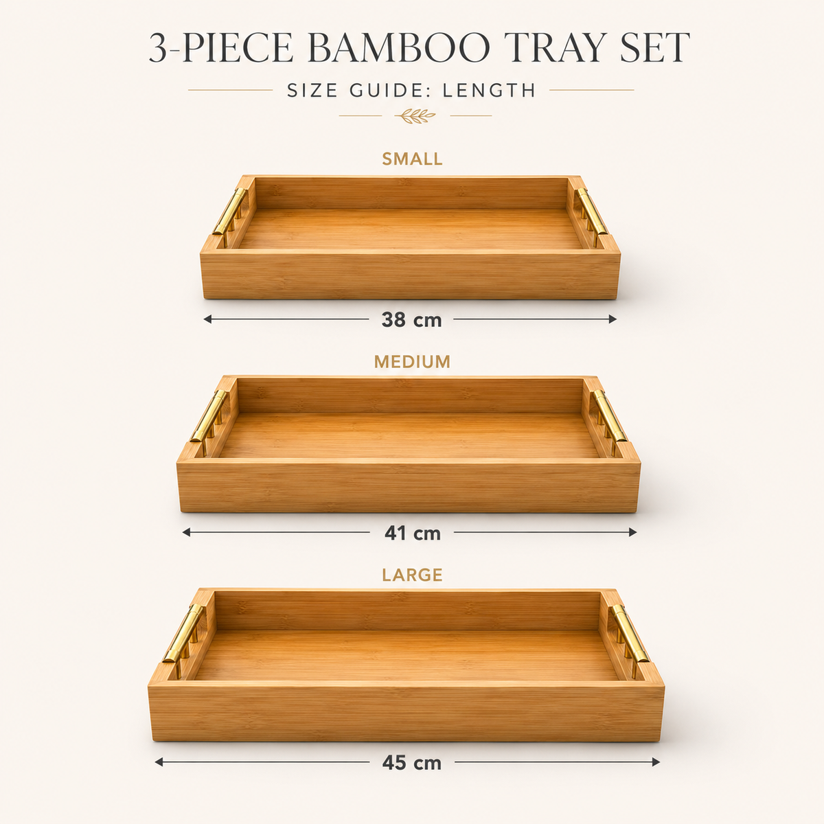 3-Piece Bamboo Serving Tray Set with Gold Handles