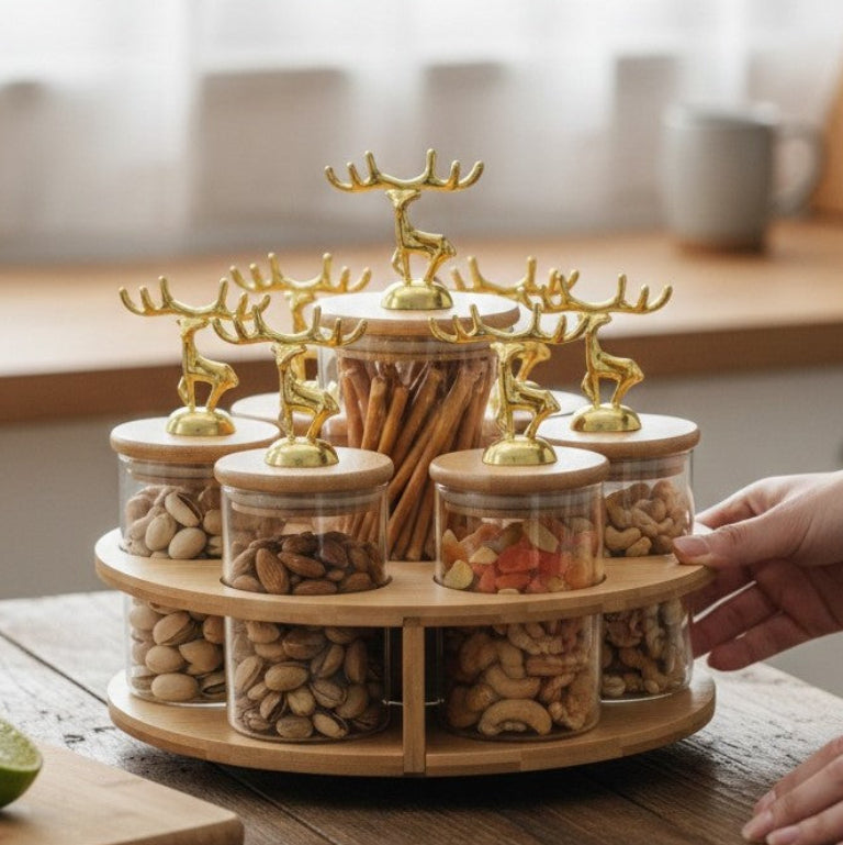 ClearGlass 7-Piece Rotating Storage Jar Set with Bamboo Stand