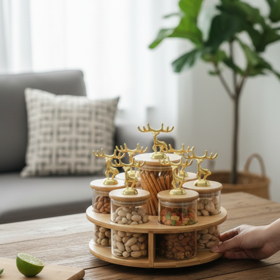 ClearGlass 7-Piece Rotating Storage Jar Set with Bamboo Stand