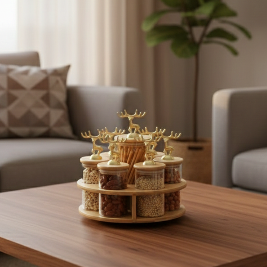 ClearGlass 7-Piece Rotating Storage Jar Set with Bamboo Stand