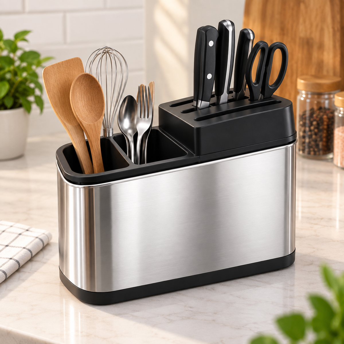 Knife & Utensil Holder with Stainless Steel Drain Tray