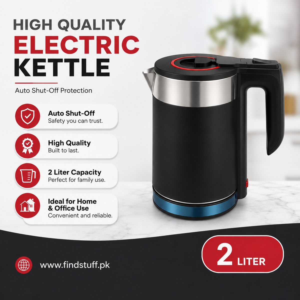 2L Electric Kettle with Auto Shut-Off – 2000W