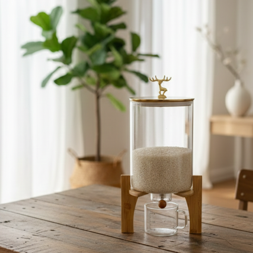 Decorative deer-top grain storage dispenser for kitchen