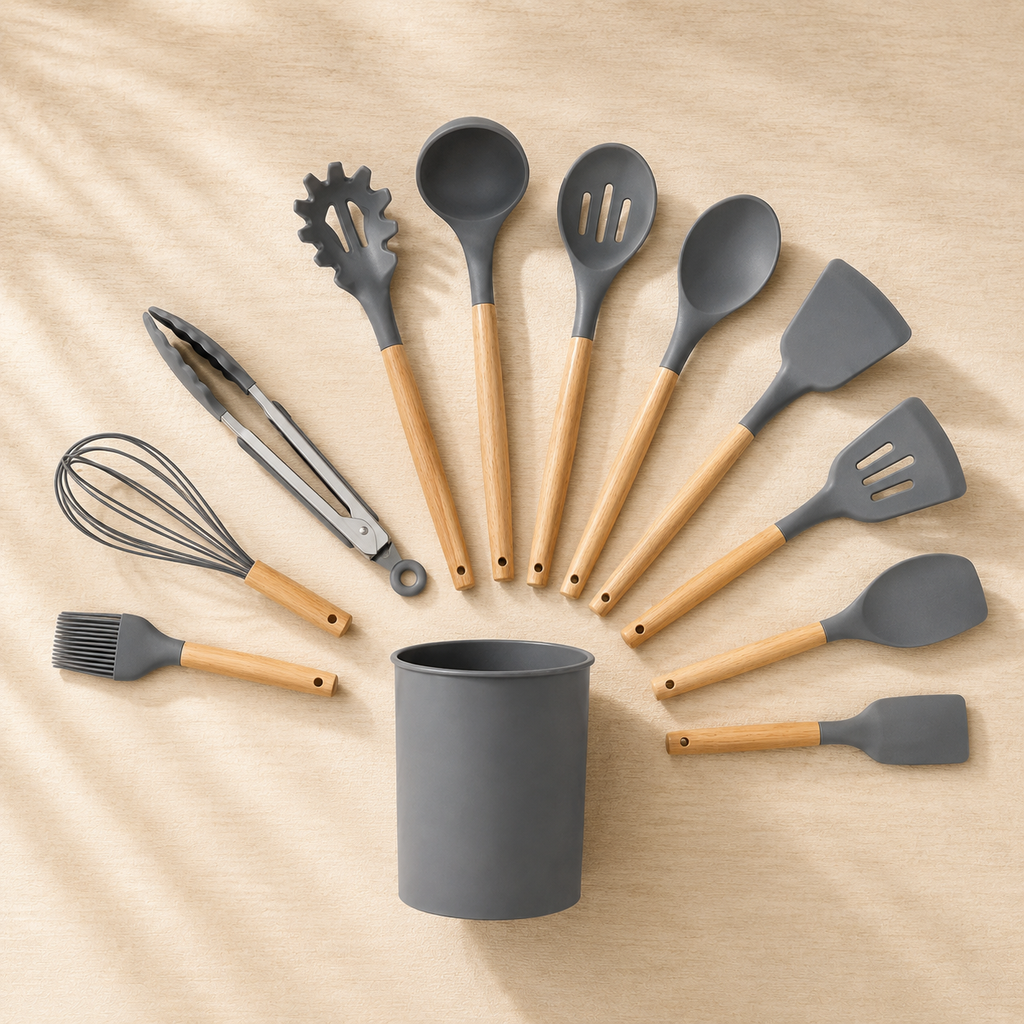 12-Piece Silicone Cooking Utensil Set with Wooden Handles | Heat Resistant Non-Stick Kitchen Tools