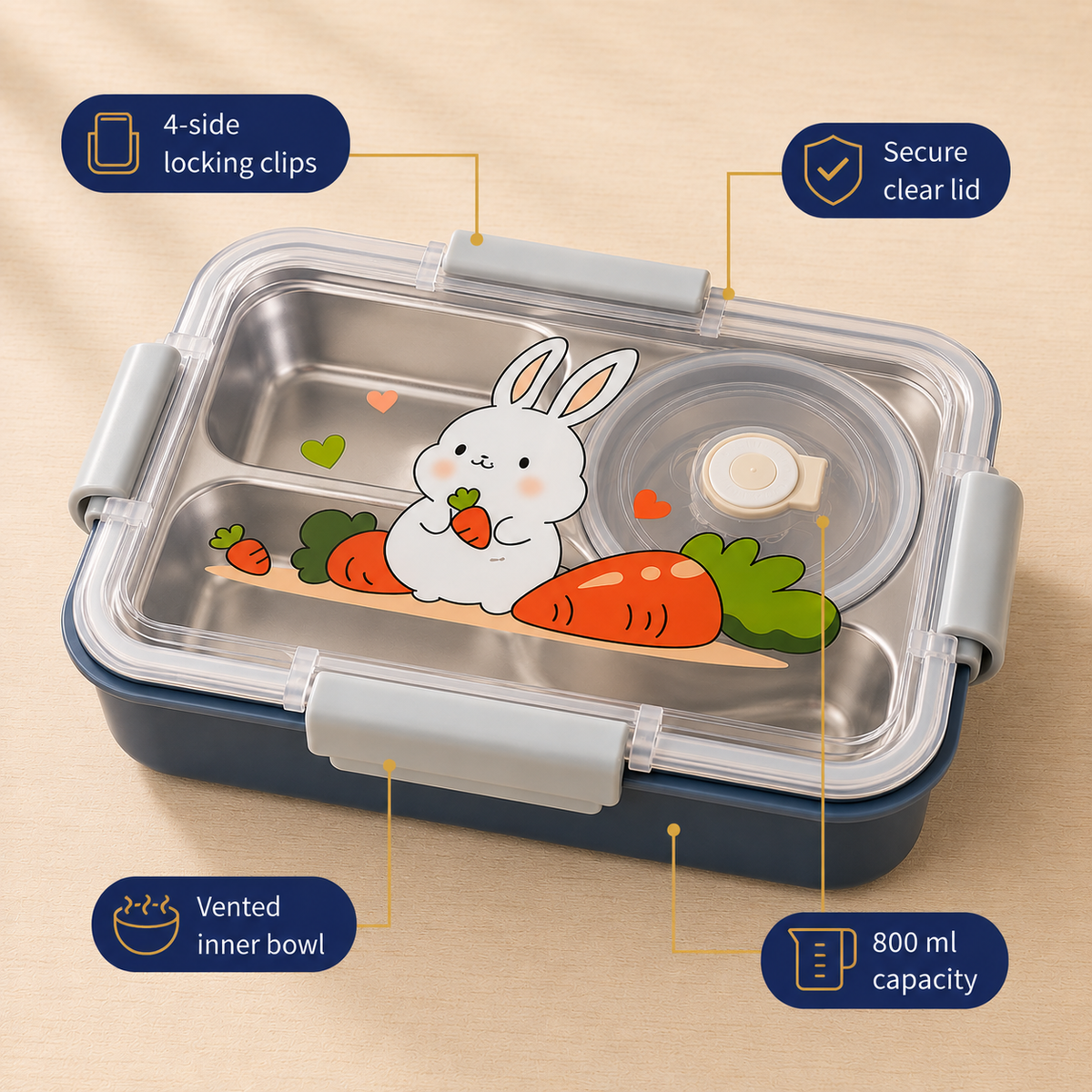 Kids Bunny Lunch Box | Stainless Steel with Extra Steel Bowl