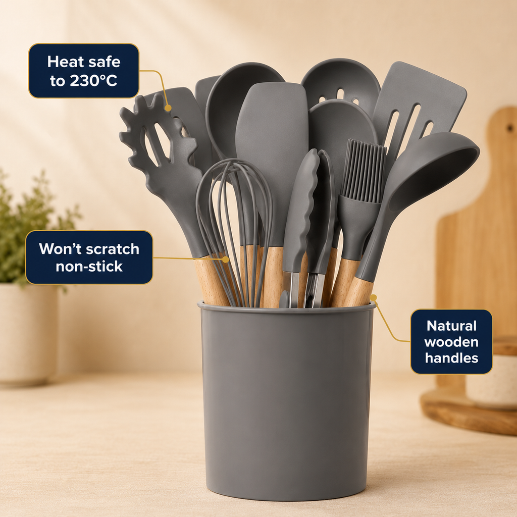 12-Piece Silicone Cooking Utensil Set with Wooden Handles | Heat Resistant Non-Stick Kitchen Tools