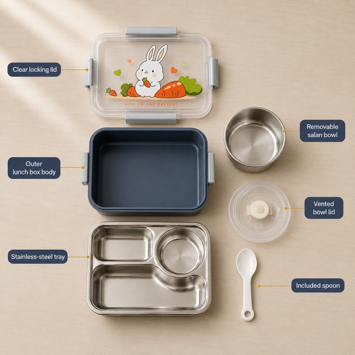 Kids Bunny Lunch Box | Stainless Steel with Extra Steel Bowl