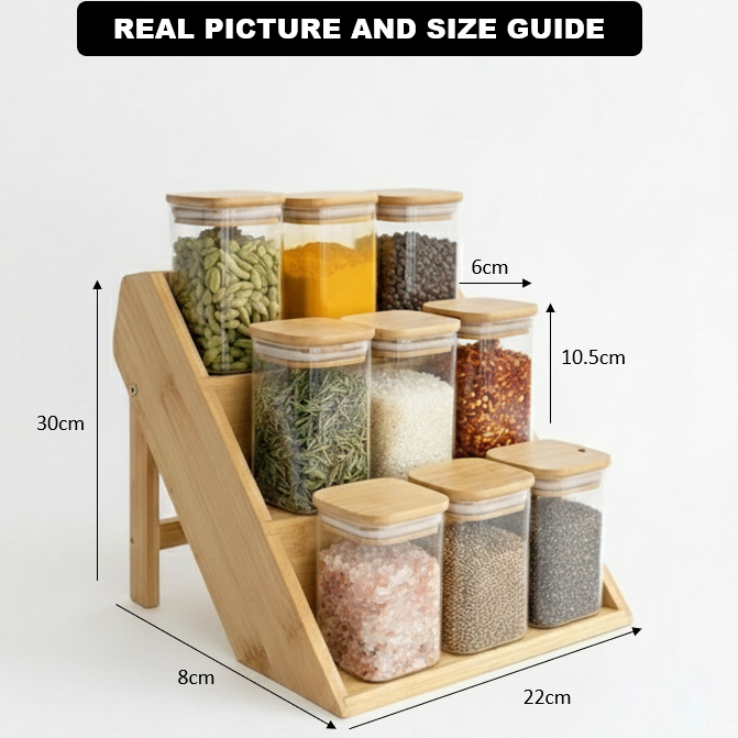 3-Tier Bamboo Spice Rack with 9 Glass Jars